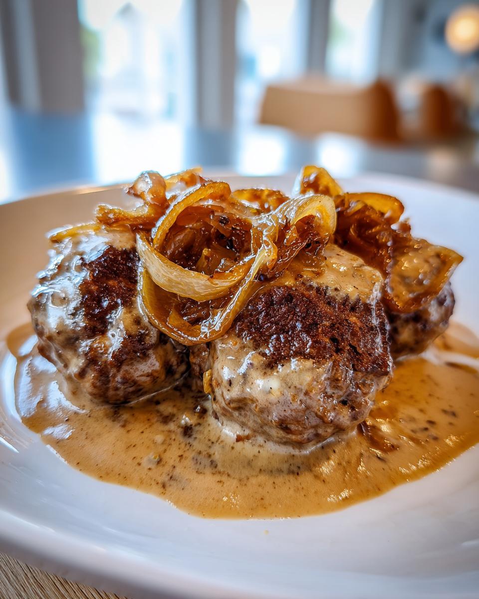 Drei saftige Ofenfrikadellen in cremiger Zwiebelsauce, garniert mit karamellisierten Zwiebelringen.