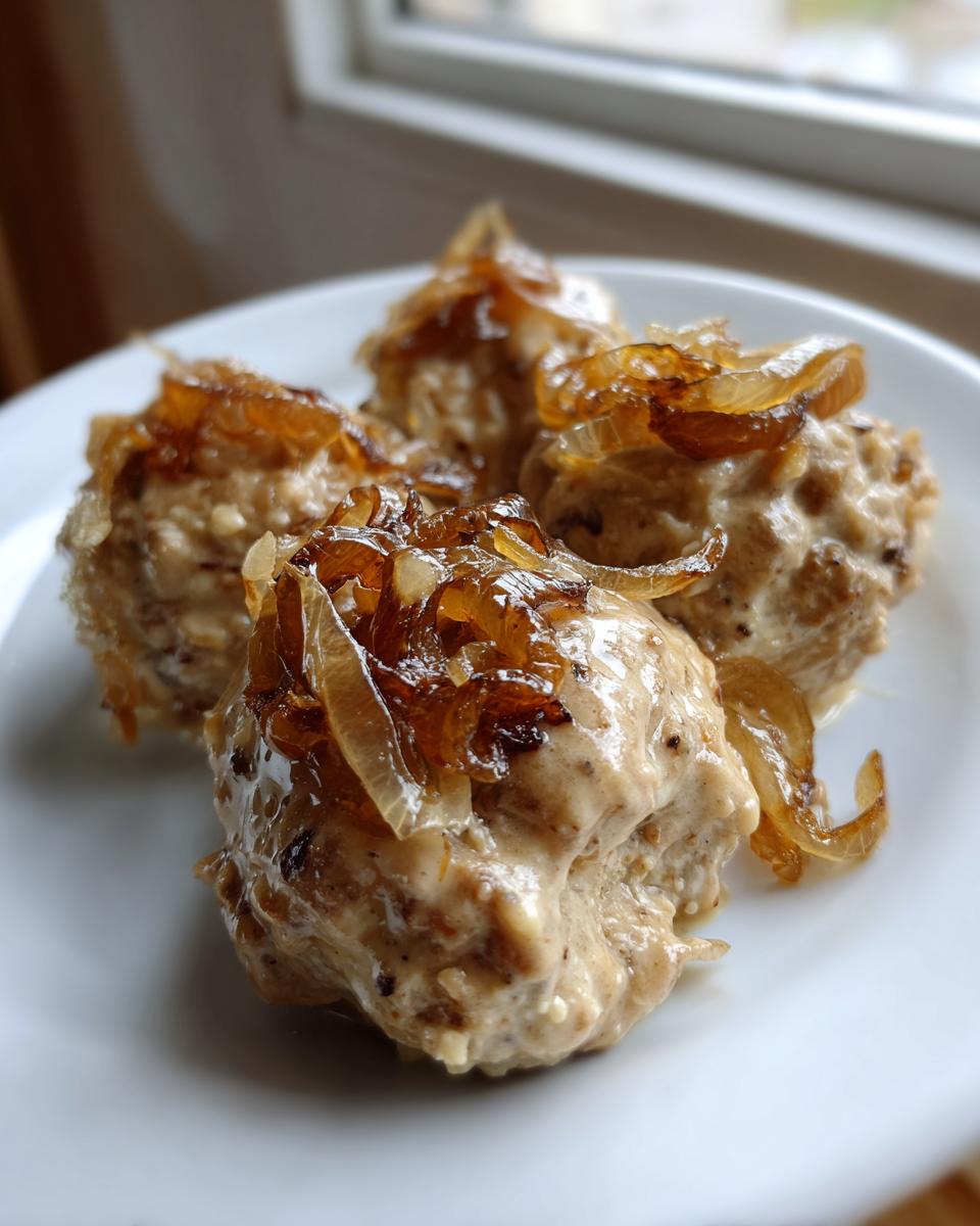 Vier saftige Ofenfrikadellen in cremiger Zwiebelsauce, garniert mit karamellisierten Zwiebelringen.