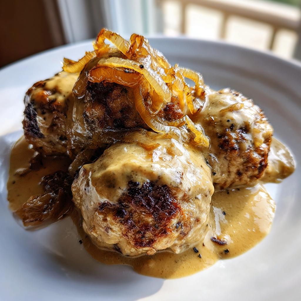 Drei saftige Ofenfrikadellen übergossen mit cremiger Zwiebelsauce und garniert mit Röstzwiebeln.