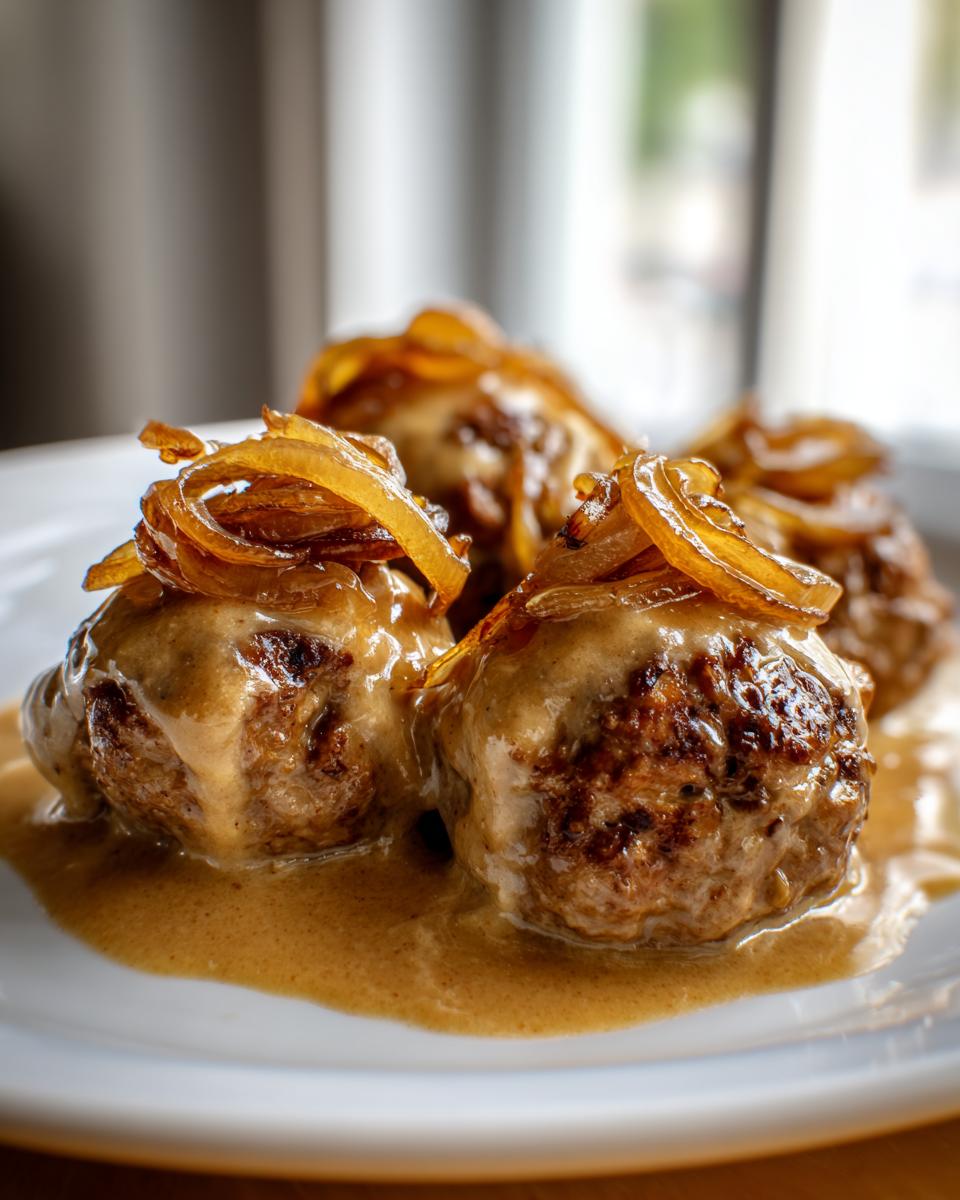 Drei saftige Ofenfrikadellen in cremiger Zwiebelsauce, garniert mit karamellisierten Zwiebelringen.