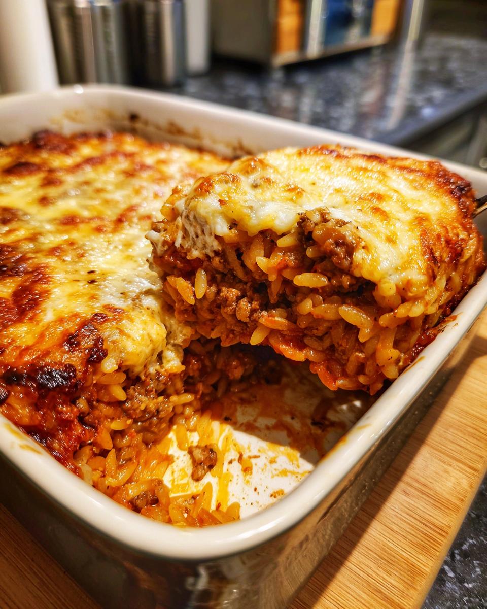 Ein Löffel voller Ofenkritharaki mit Hackfleisch, Tomaten und Käsekruste wird aus der Auflaufform gehoben.