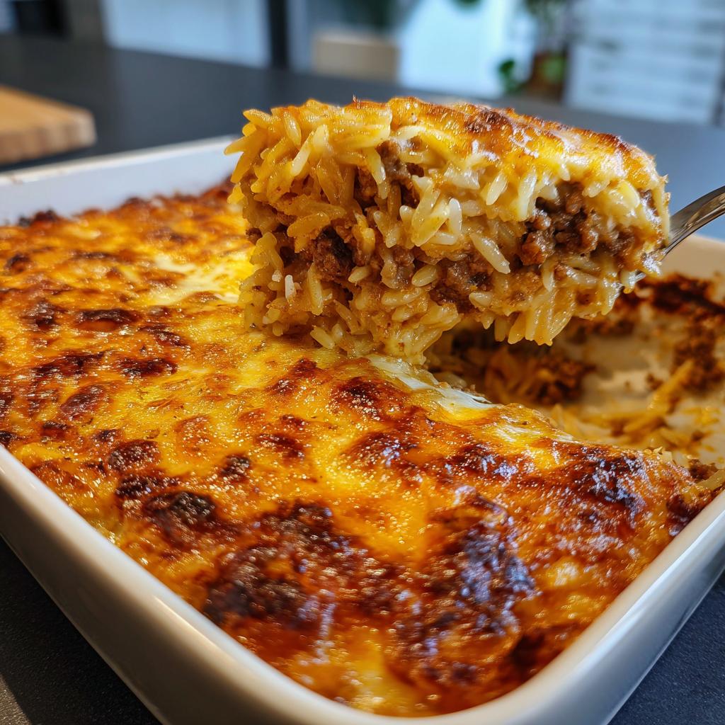 Ein Löffel voller Ofenkritharaki mit Hackfleisch, Tomaten und Käsekruste wird aus der Auflaufform gehoben.