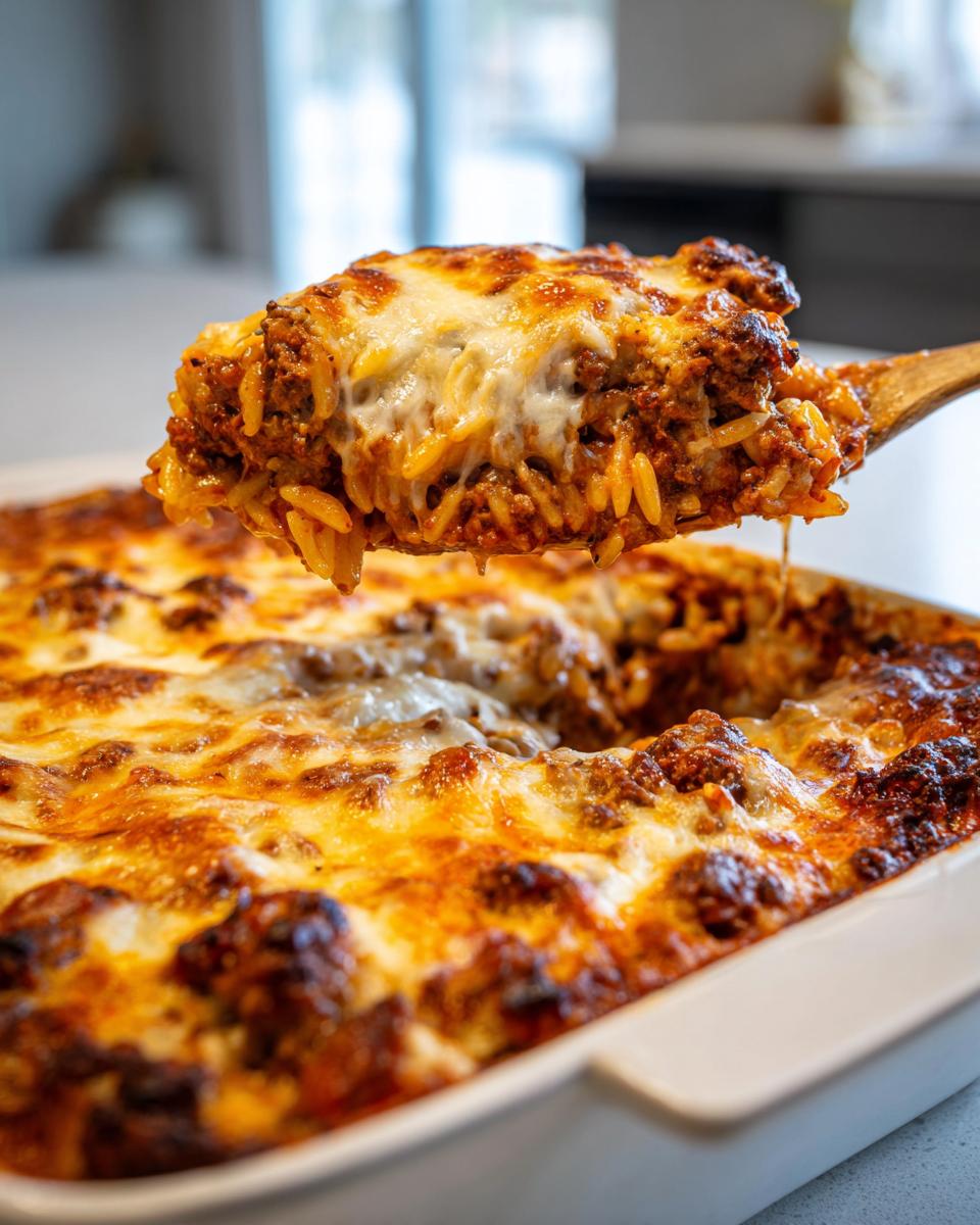 Ein hölzerner Löffel hebt eine großzügige Portion Ofenkritharaki mit Hackfleisch und geschmolzener Käsekruste aus der Auflaufform.