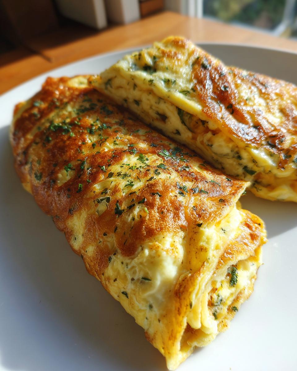 Zwei goldbraun gebratene Omelette-Hackrollen, garniert mit Petersilie, auf einem weißen Teller.