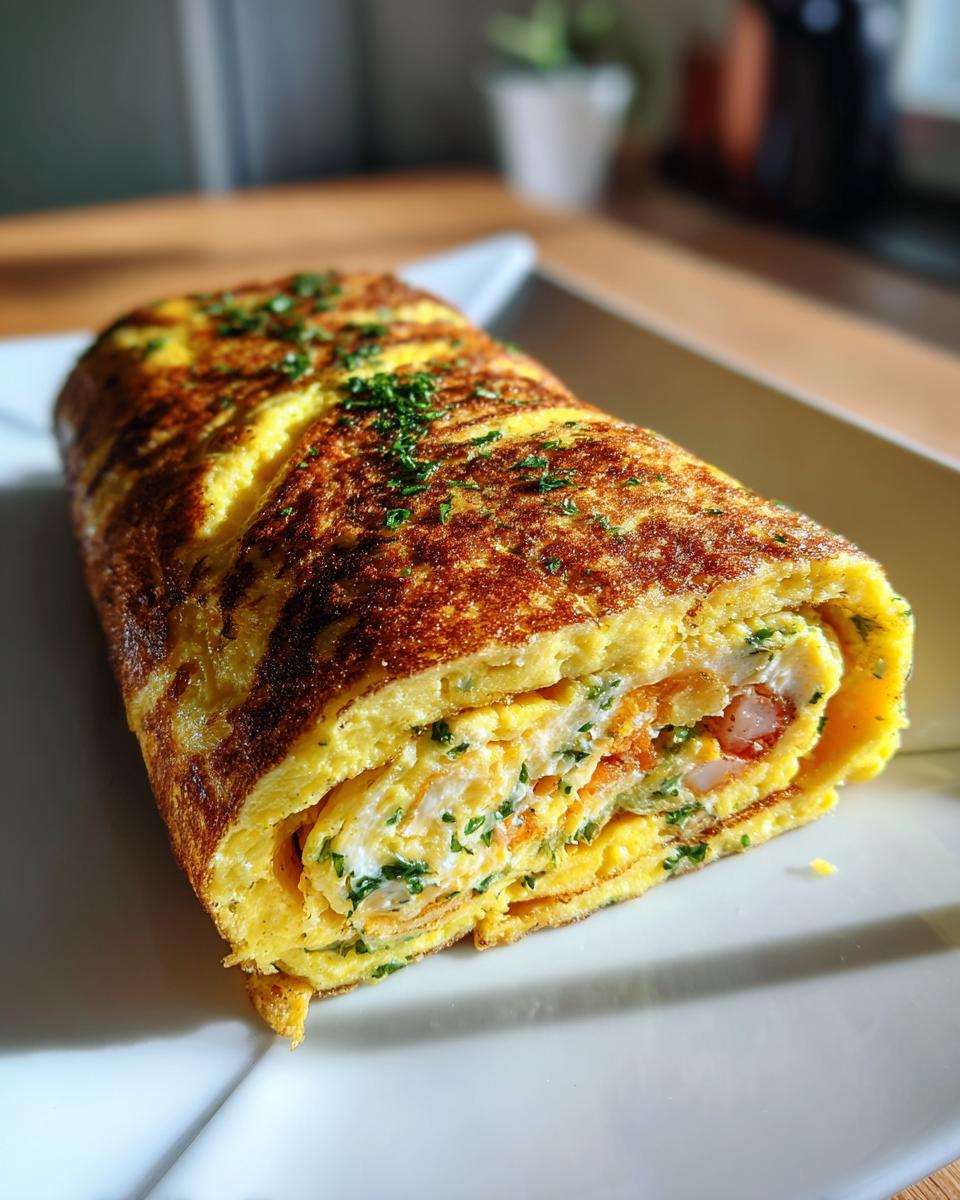 Nahaufnahme einer saftigen Omelette-Hackrolle (TikTok-Style) mit goldbrauner Kruste und Kräuterfüllung.