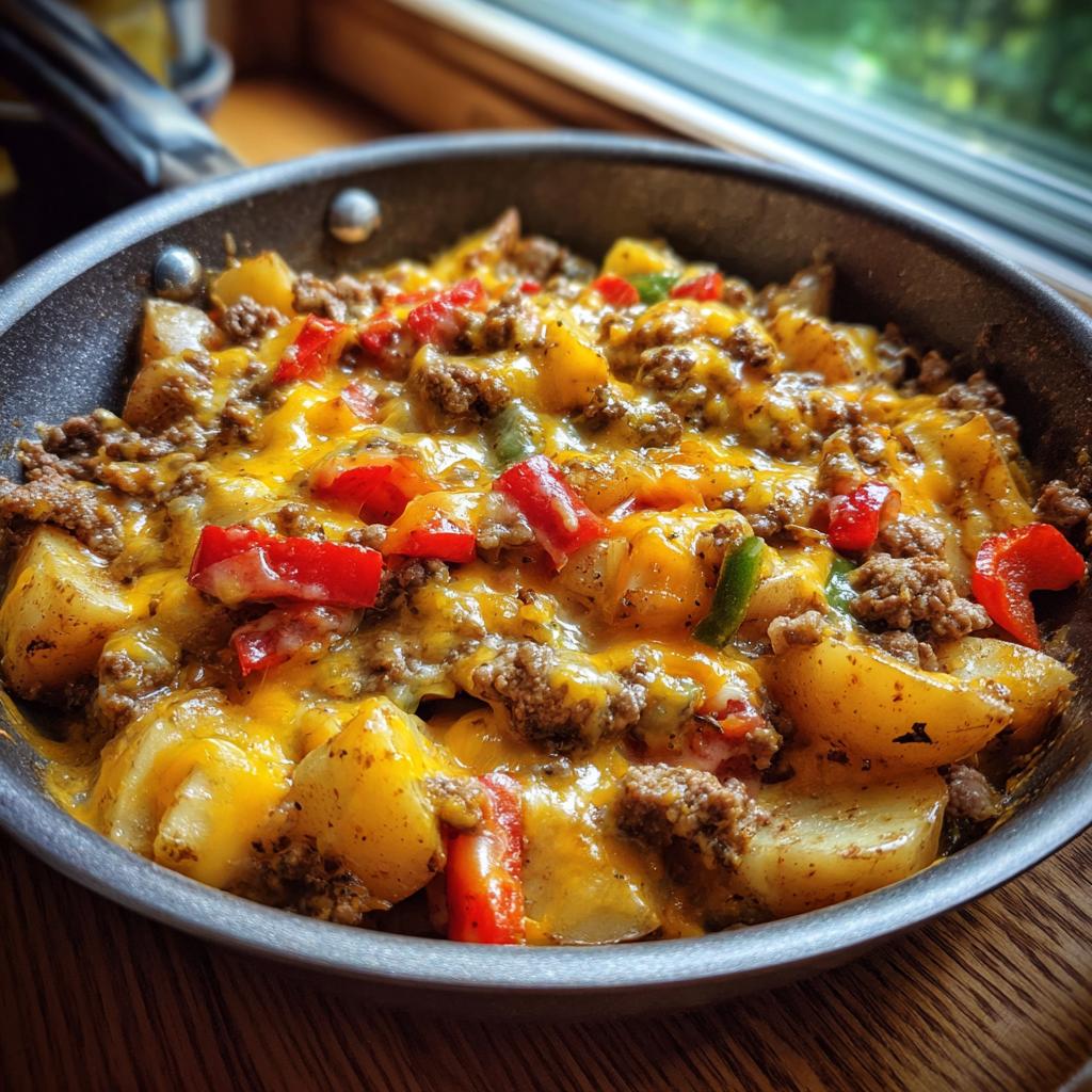 Nahaufnahme der One-Pot Bauernpfanne mit Hackfleisch, Kartoffeln und geschmolzenem Käse in einer Pfanne.