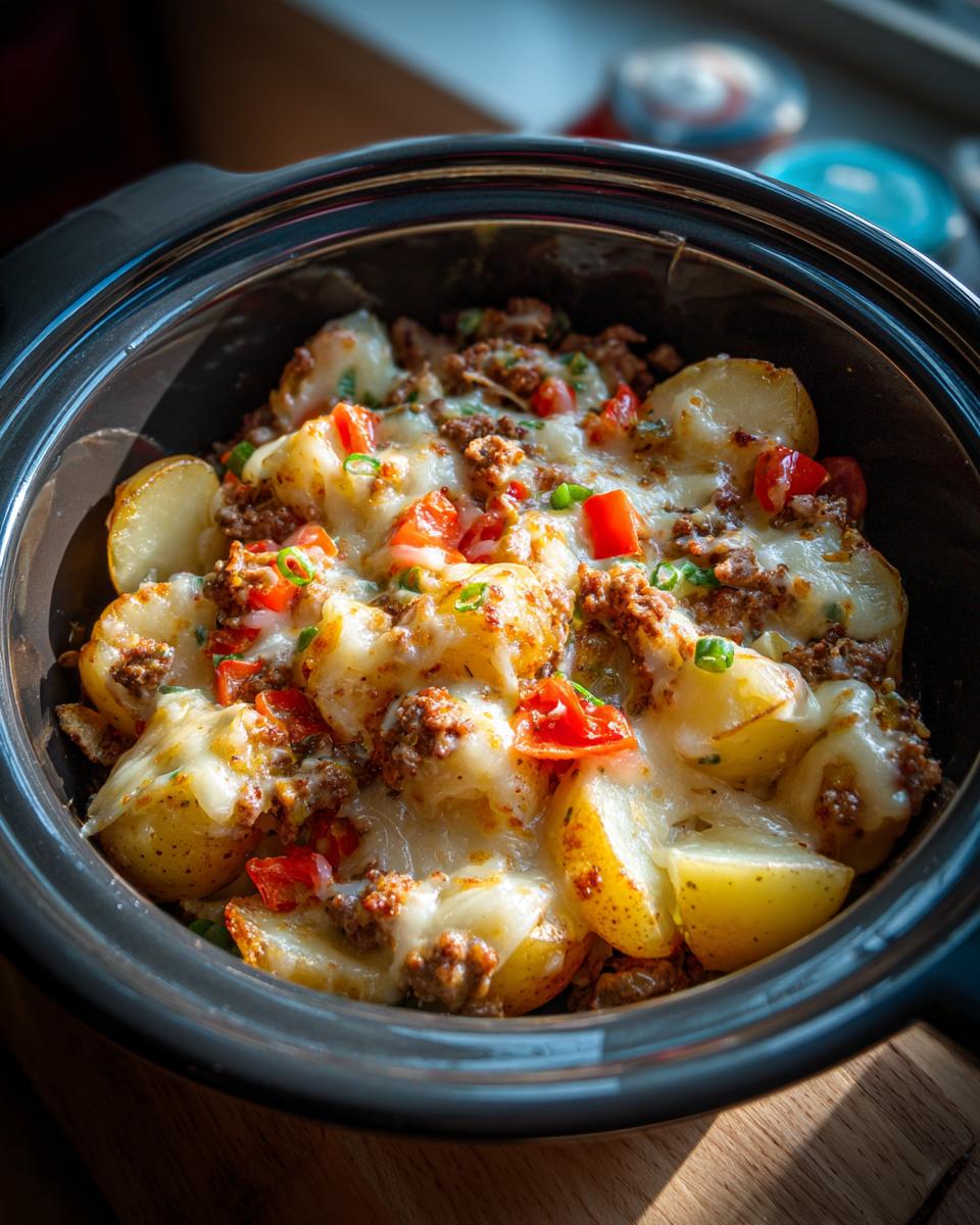 Nahaufnahme der One-Pot Bauernpfanne mit Hackfleisch, Kartoffeln und geschmolzenem Schmelzkäse.