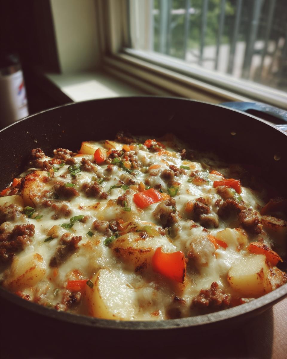 Nahaufnahme der fertigen One-Pot Bauernpfanne mit Hackfleisch, Kartoffeln und geschmolzenem Schmelzkäse.