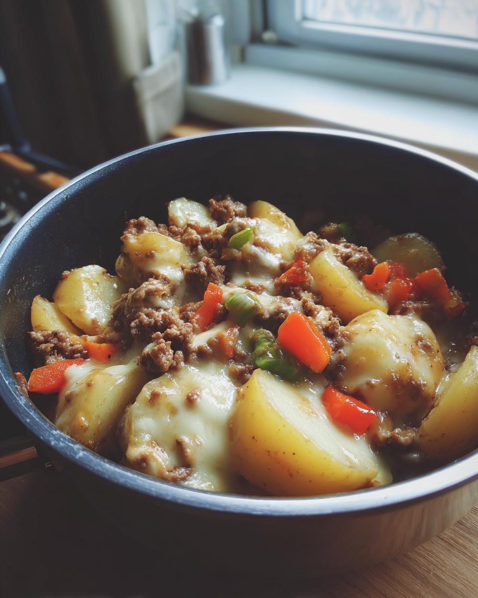 Nahaufnahme der One-Pot Bauernpfanne mit Hackfleisch, Kartoffeln und geschmolzenem Schmelzkäse in einer dunklen Pfanne.
