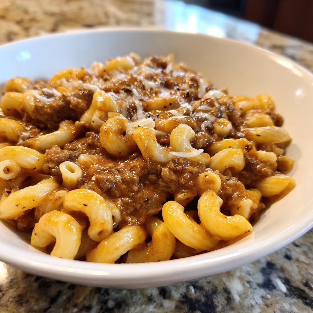 Nahaufnahme einer Schüssel mit cremiger One-Pot Jäger-Hack-Pasta, bedeckt mit Hackfleischsauce und geschmolzenem Käse.