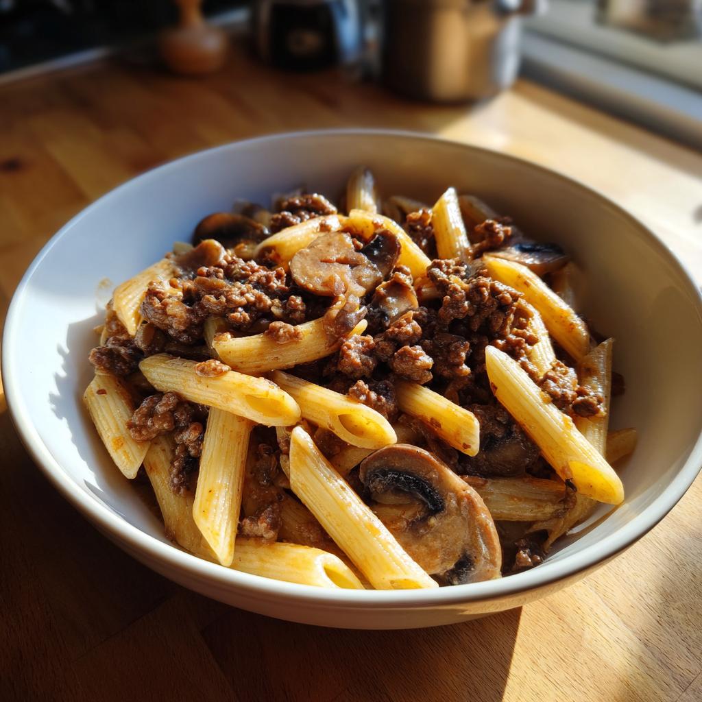 Nahaufnahme einer Schüssel mit One-Pot Jäger-Hack-Pasta, gefüllt mit Penne, Hackfleisch und Pilzen.