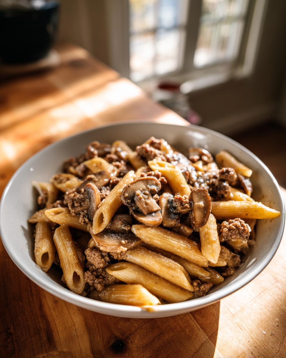 Eine Schüssel One-Pot Jäger-Hack-Pasta mit Penne, Hackfleisch und Pilzen, schön beleuchtet.