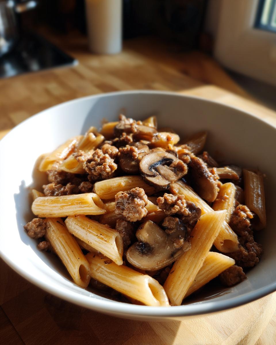 Eine Schüssel mit cremiger One-Pot Jäger-Hack-Pasta, gefüllt mit Penne, Hackfleisch und Pilzen.