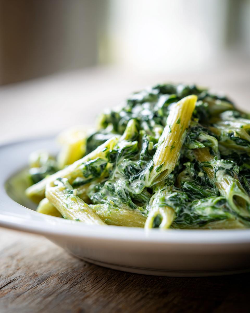 Nahaufnahme von cremigen One-Pot Rahmspinat-Nudeln mit Knoblauch in einer weißen Schüssel auf Holz.
