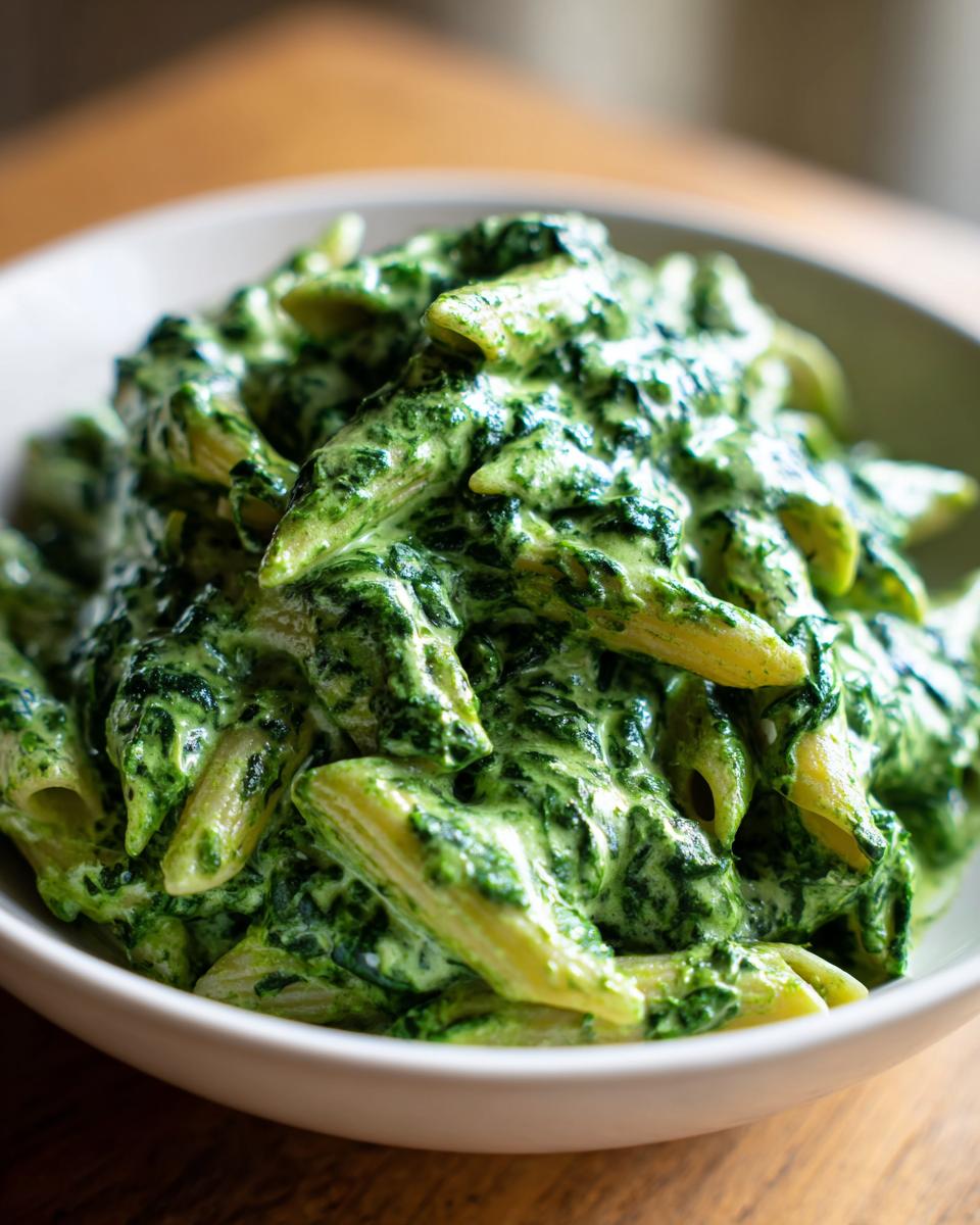 Cremige One-Pot Rahmspinat-Nudeln mit Knoblauch in einer weißen Schüssel, sehr appetitlich.