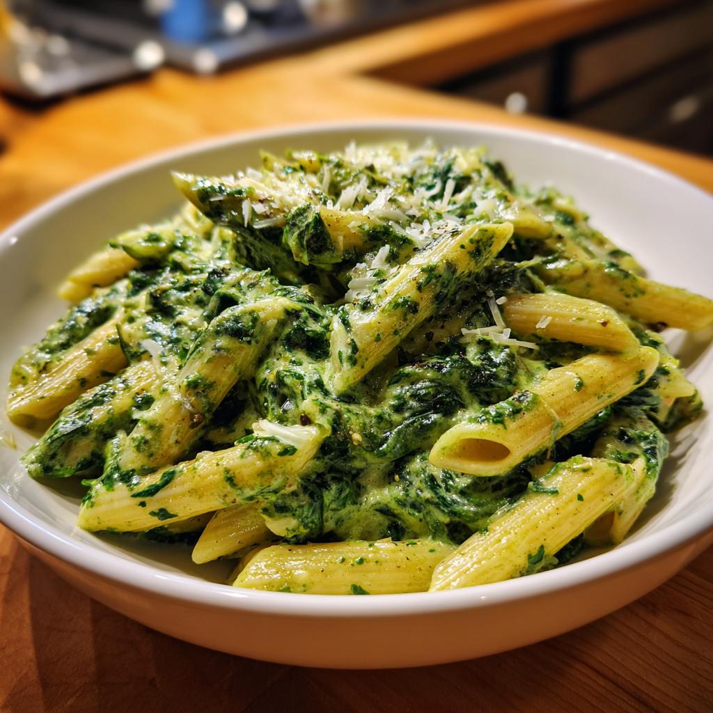 Eine Schüssel cremiger One-Pot Rahmspinat-Nudeln mit Knoblauch, bestreut mit Parmesan.