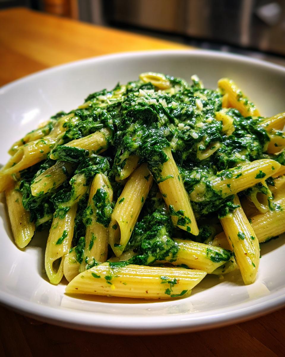 Nahaufnahme von Penne-Nudeln mit cremiger Rahmspinat-Sauce und Knoblauchstückchen: One-Pot Rahmspinat-Nudeln mit Knoblauch.