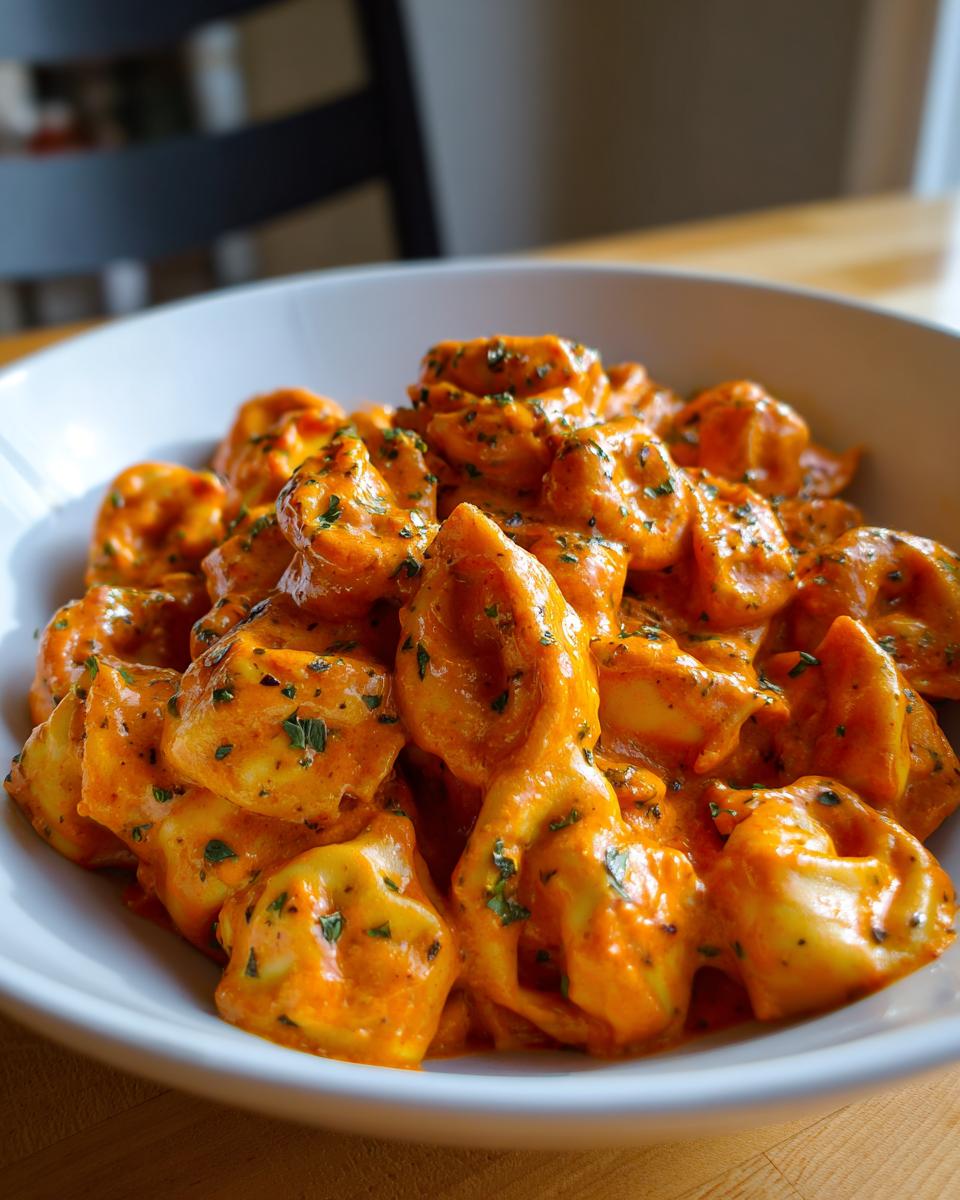 Nahaufnahme von cremigen One-Pot Tortellini in Tomatenrahm, bestreut mit frischen Kräutern.