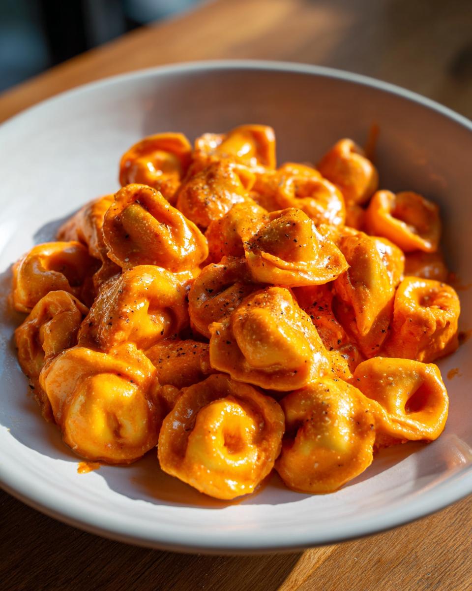 Nahaufnahme von cremigem One-Pot Tortellini in Tomatenrahm in einer weißen Schüssel.
