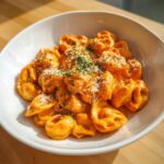 Nahaufnahme von cremigem One-Pot Tortellini in Tomatenrahm, bestreut mit Parmesan und Petersilie.