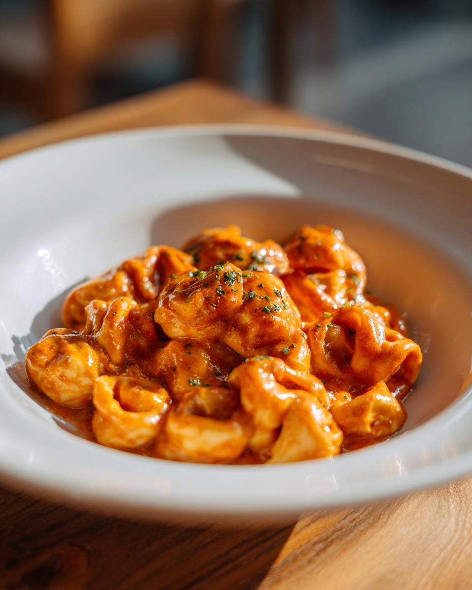 Nahaufnahme von cremigen One-Pot Tortellini in Tomatenrahm, bestreut mit frischen Kräutern.