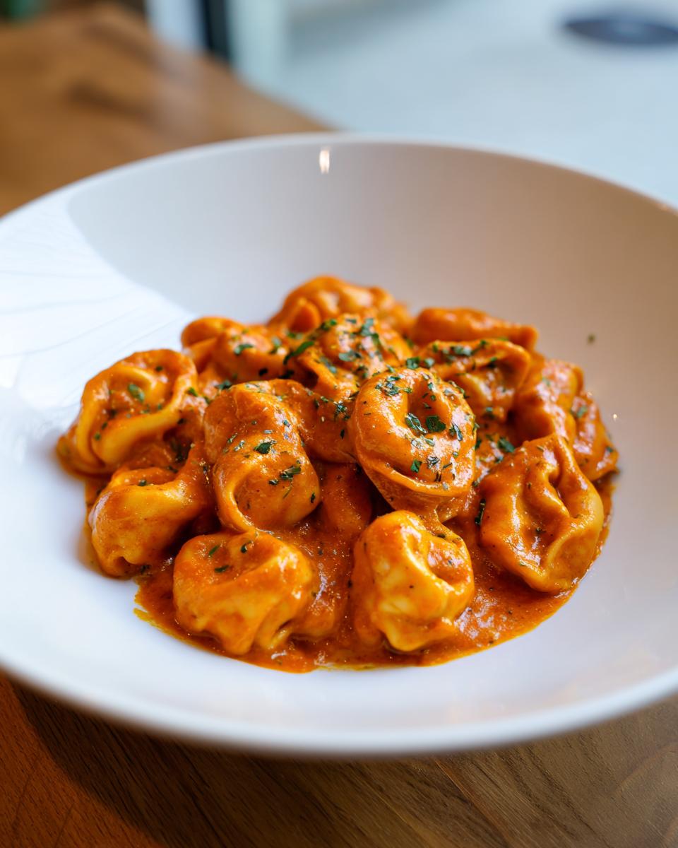 Nahaufnahme von cremigen One-Pot Tortellini in Tomatenrahm, bestreut mit frischen Kräutern.