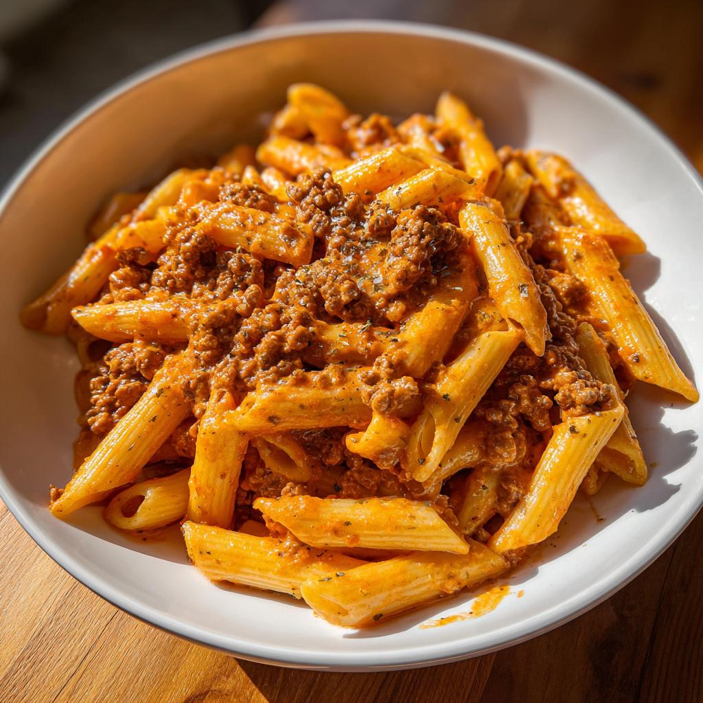 Nahaufnahme einer weißen Schüssel mit cremiger Pasta in Tomaten-Sahne-Sauce mit Hackfleisch und Kräutern.