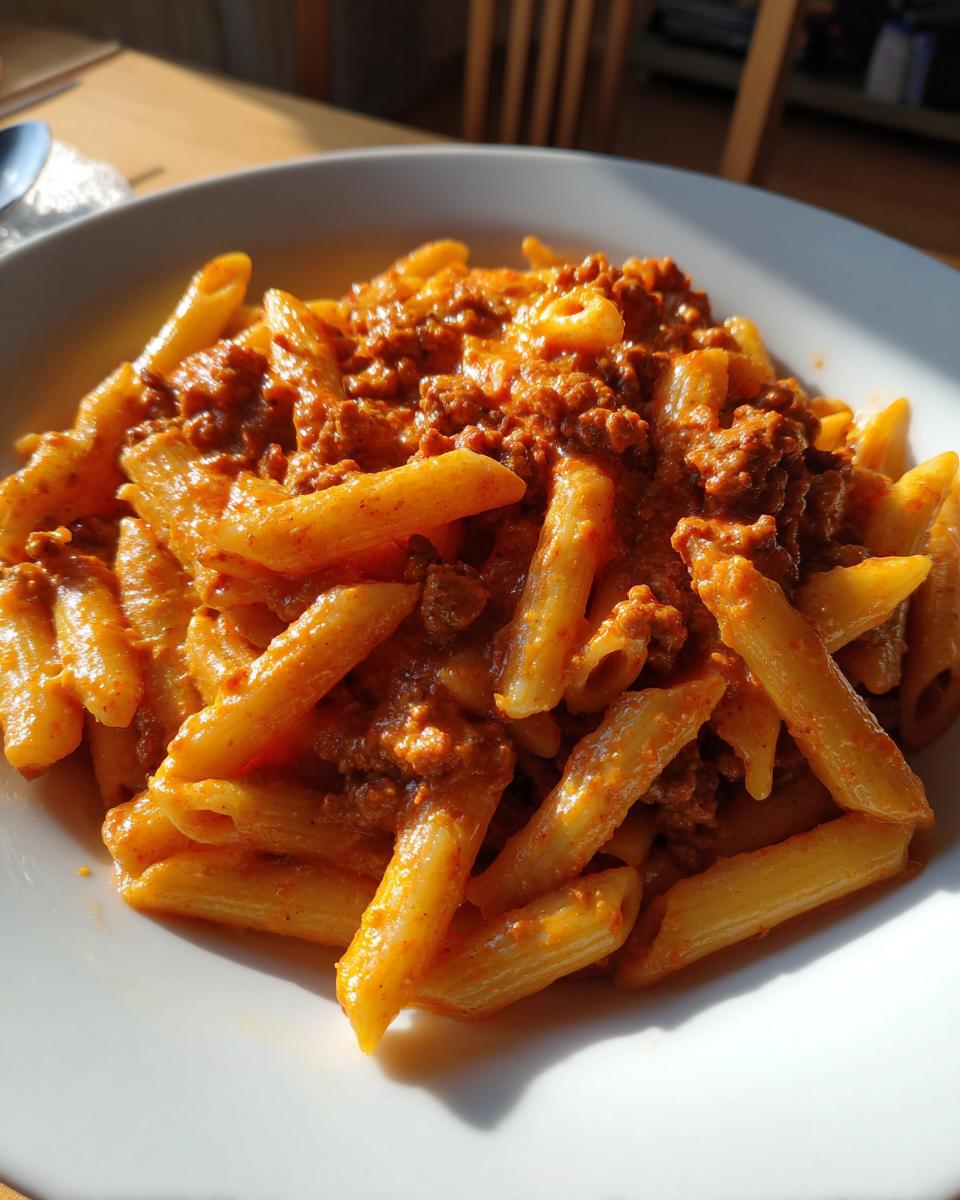 Nahaufnahme von Penne Pasta in cremiger Pasta in Tomaten-Sahne-Sauce mit Hackfleisch auf einem weißen Teller.