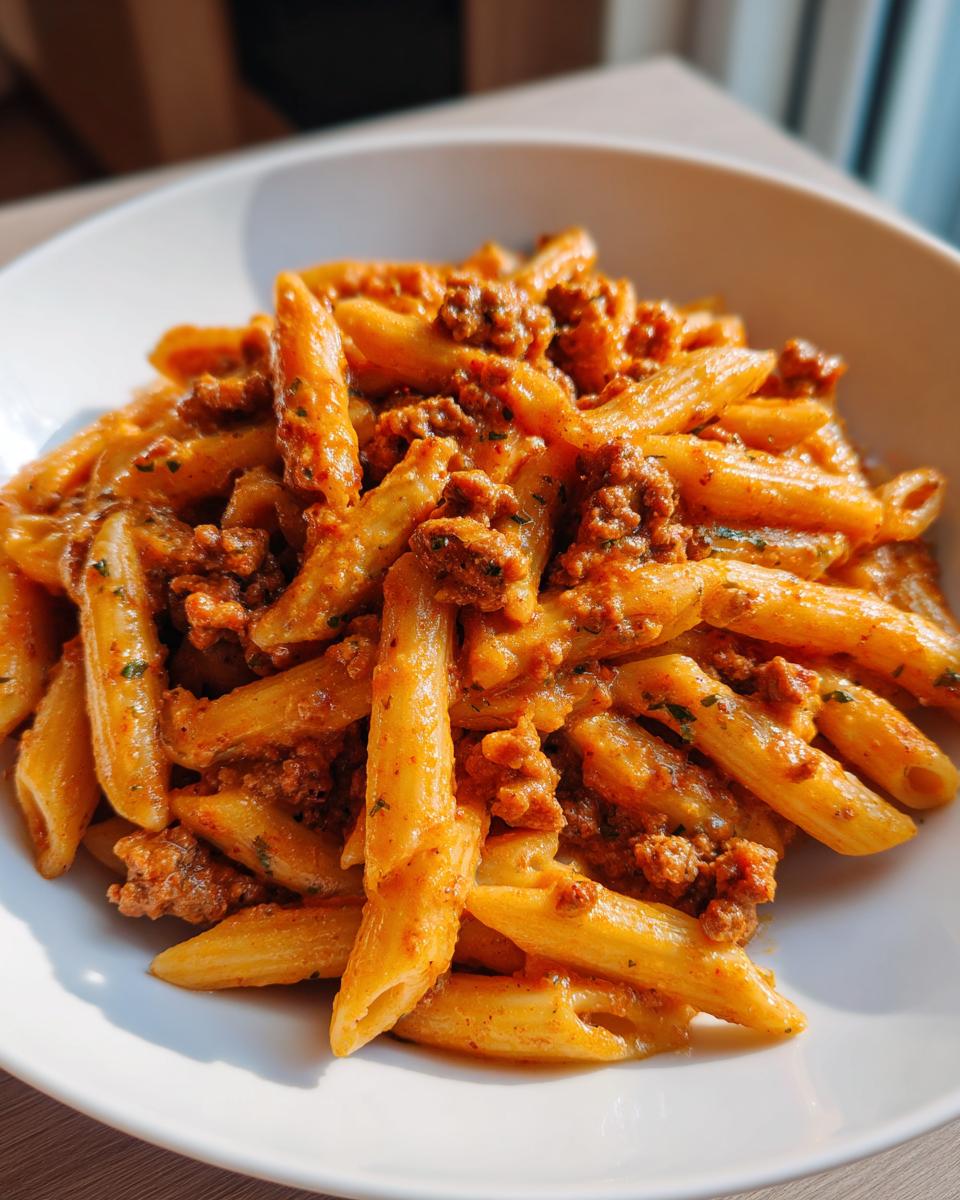 Nahaufnahme von Penne Pasta in cremiger Pasta in Tomaten-Sahne-Sauce mit Hackfleisch in einer weißen Schüssel.