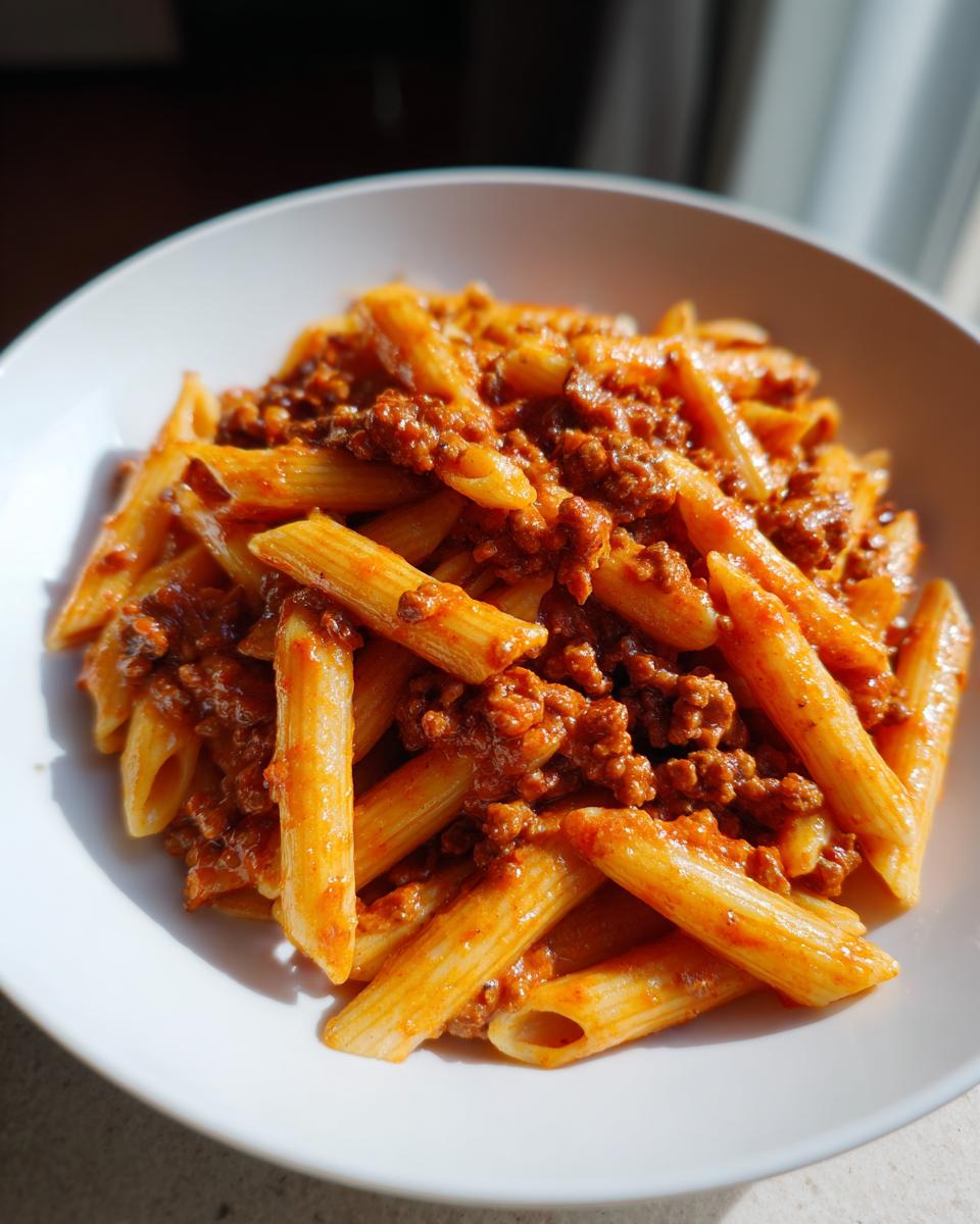 Nahaufnahme von Penne Pasta in cremiger Tomaten-Sahne-Sauce mit Hackfleisch in einer weißen Schale.