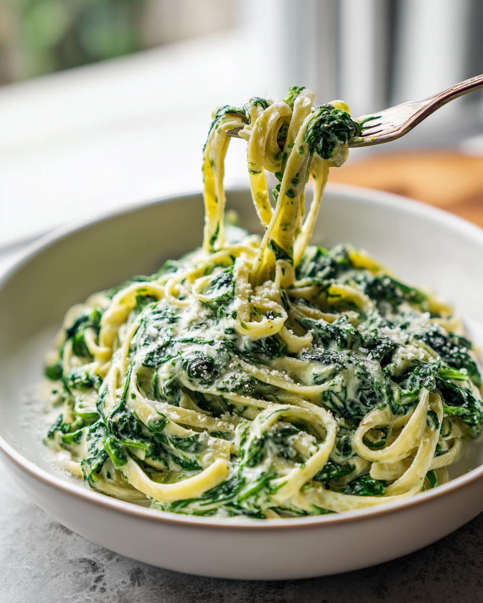 Nahaufnahme von Pasta mit Rahmspinat und Knoblauch, wobei eine Gabel eine Portion cremiger Nudeln hochzieht.
