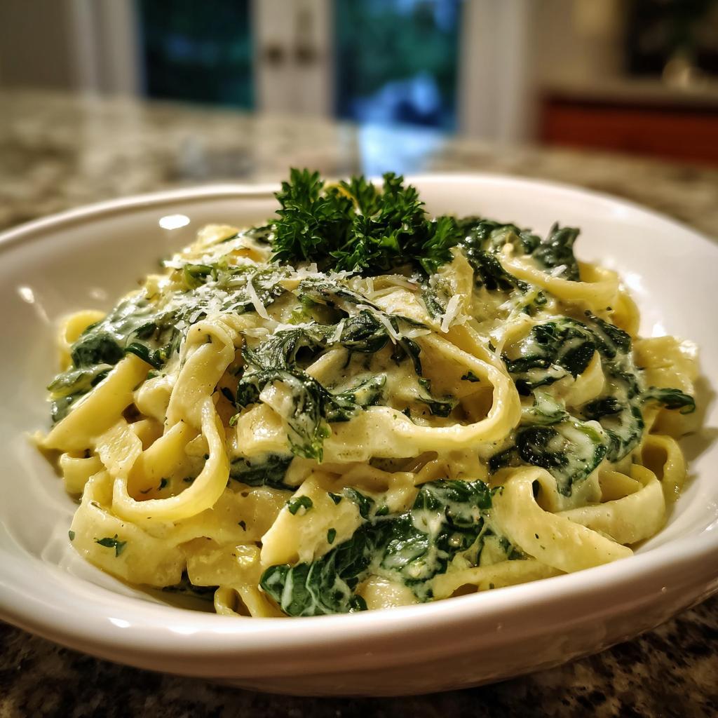 Nahaufnahme von Pasta mit Rahmspinat und Knoblauch, garniert mit Parmesan und Petersilie.