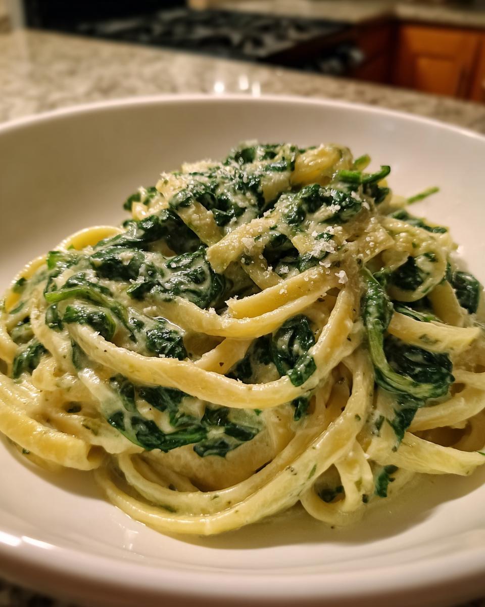 Nahaufnahme von cremiger Pasta mit Rahmspinat und Knoblauch, bestreut mit Parmesan.