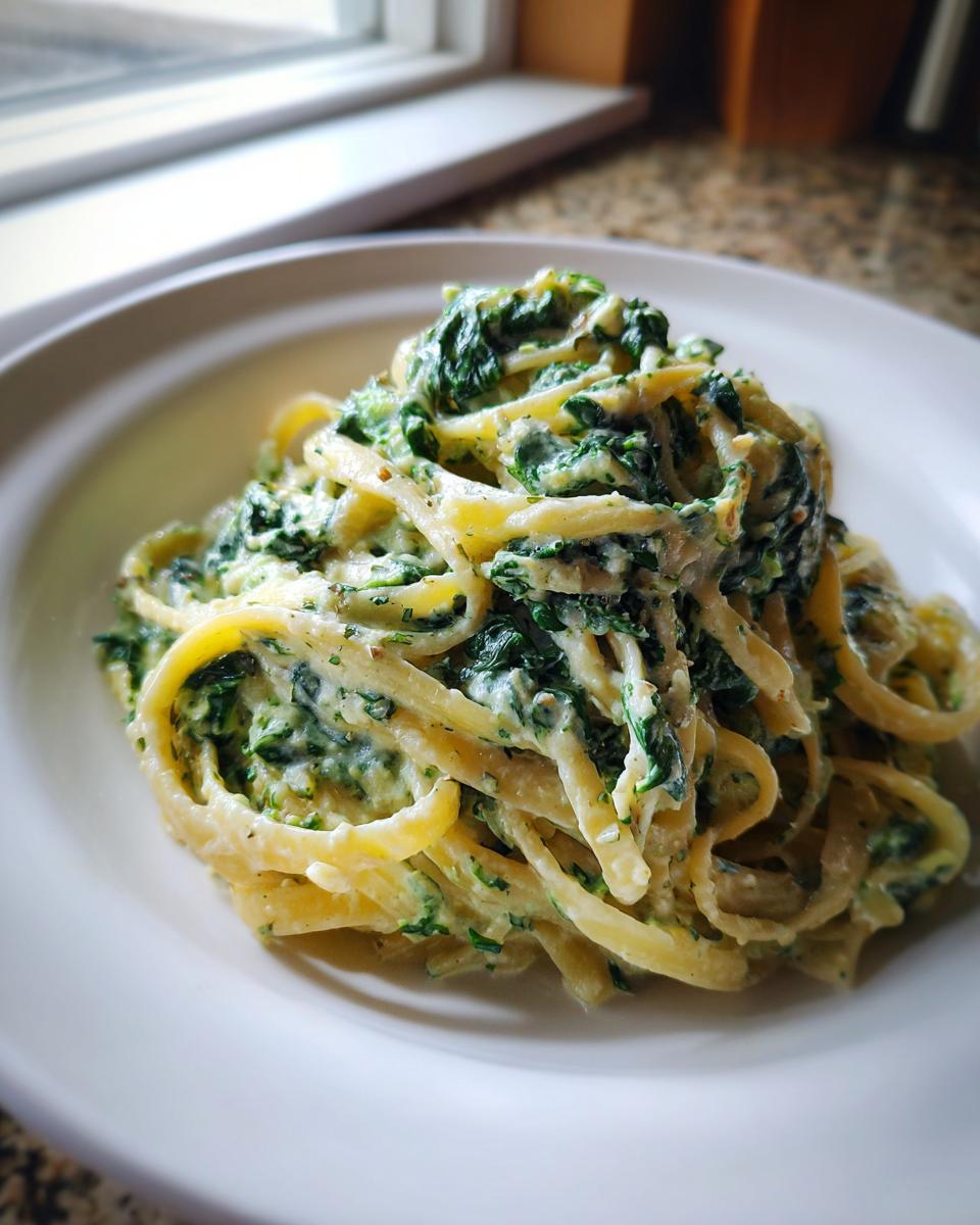 Nahaufnahme von cremiger Pasta mit Rahmspinat und Knoblauch, angerichtet auf einem weißen Teller.