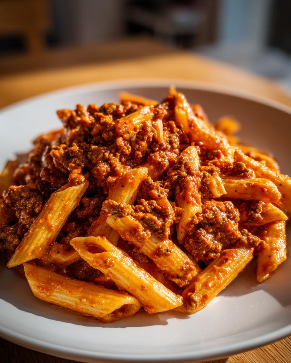 Teller mit Penne, üppig bedeckt mit herzhafter Pasta in Tomaten-Sahne-Sauce mit Hackfleisch.