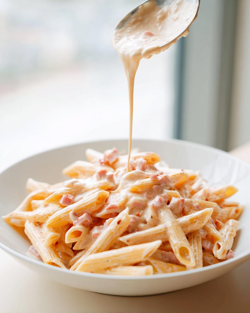 Cremige Penne mit Schinken-Sahne-Sauce wird mit einem Löffel übergossen.