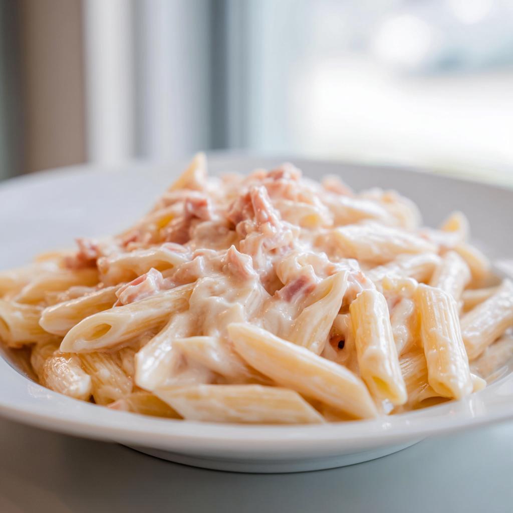 Nahaufnahme von Penne mit Schinken-Sahne-Sauce, bedeckt mit cremiger, weißer Soße und Schinkenstücken.