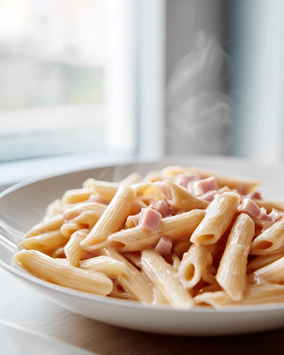 Nahaufnahme von dampfenden Penne mit Schinken-Sahne-Sauce in einer weißen Schüssel.