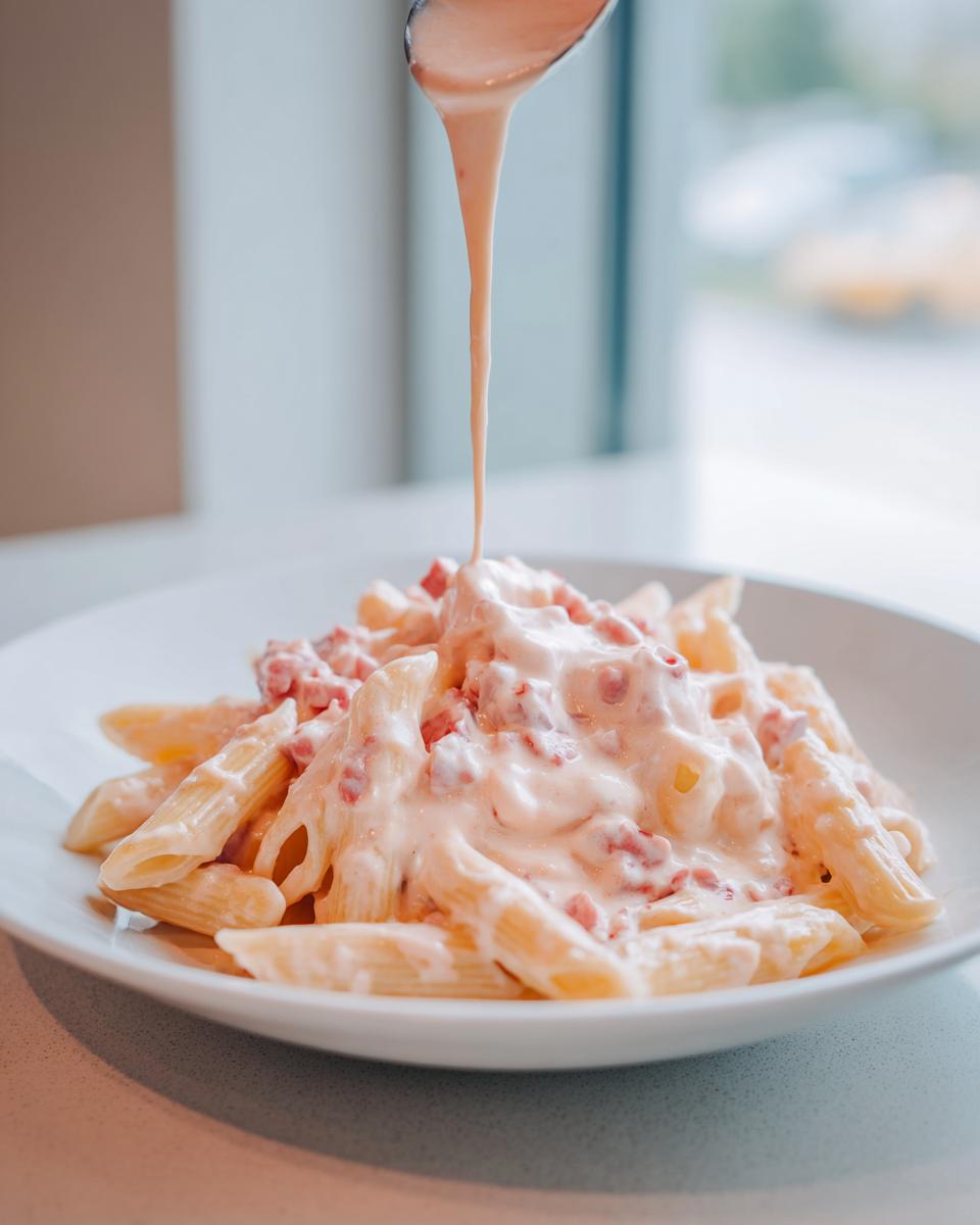 Eine Nahaufnahme zeigt, wie cremige Penne mit Schinken-Sahne-Sauce mit einer Kelle übergossen wird.