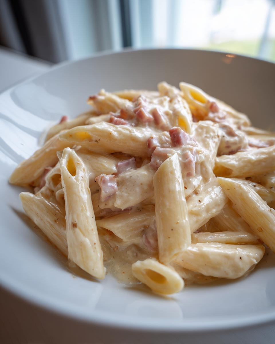 Nahaufnahme von Penne mit Schinken-Sahne-Sauce in einer weißen Schüssel, sehr cremig.