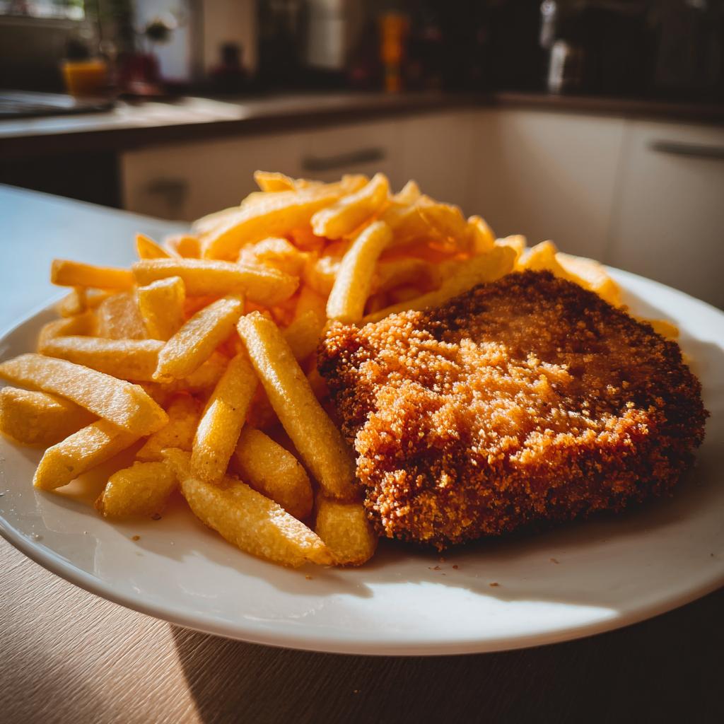 Ein Teller mit goldbraunen, knusprigen Kotlety mit Pommes, appetitlich angerichtet.