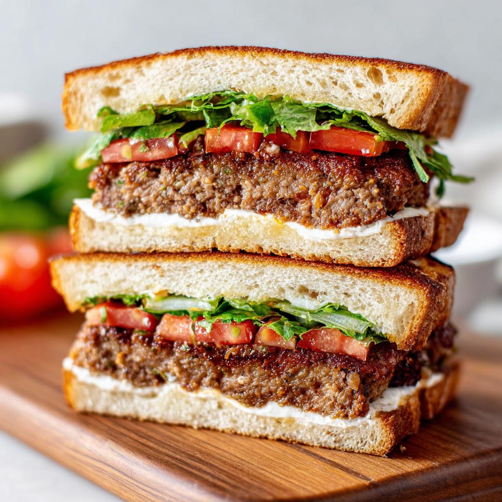 Zwei Hälften eines gestapelten Frikadellen-Sandwichs mit knusprigem Toastbrot, saftiger Frikadelle, Salat und Tomaten.