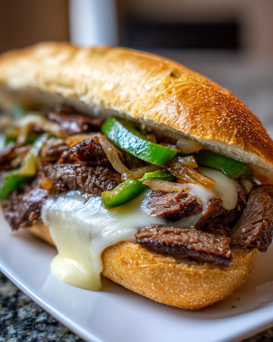 Nahaufnahme eines saftigen Philly-Cheesesteak-Sandwichs mit Rindfleisch, Paprika, Zwiebeln und geschmolzenem Käse.