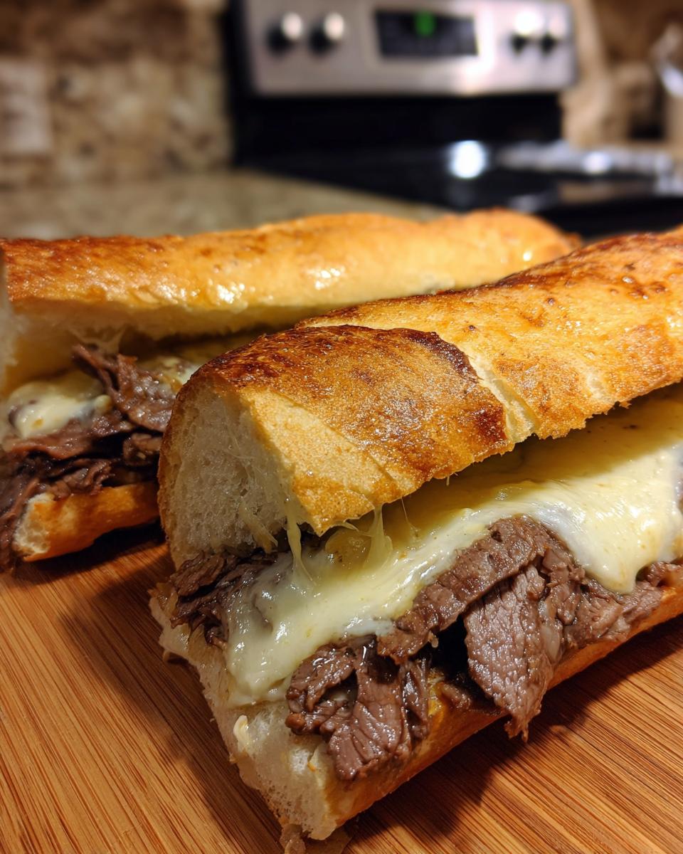 Nahaufnahme von zwei Hälften eines Philly Cheesesteak Sandwichs mit saftigem Fleisch und viel geschmolzenem Käse.