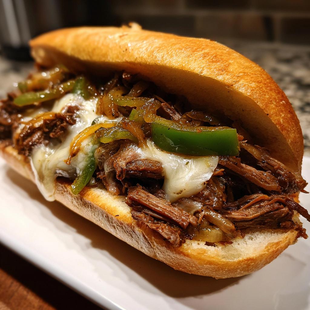 Nahaufnahme eines saftigen Philly-Cheesesteak-Sandwichs mit zartem Fleisch, geschmolzenem Käse und Paprika.