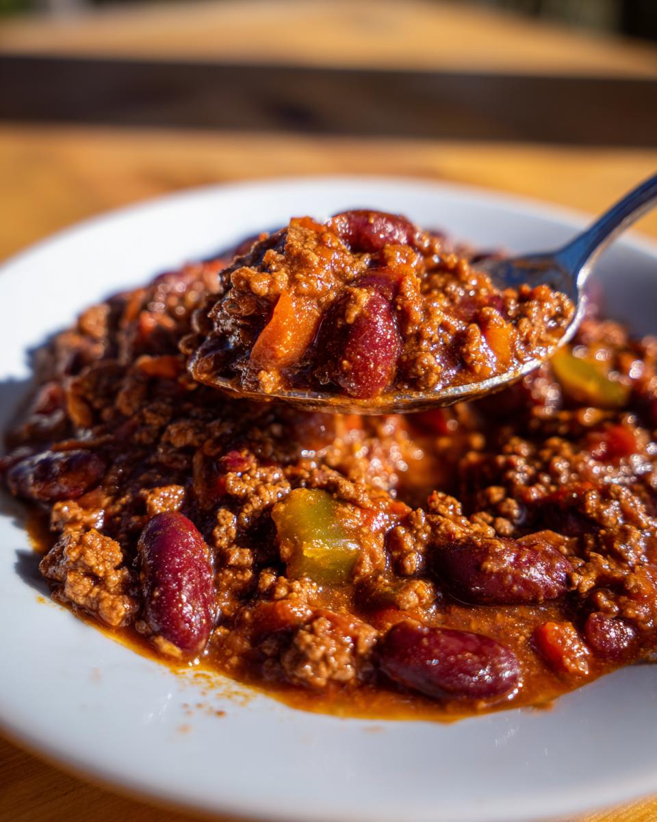 Nahaufnahme von einem Löffel voll Pikantes Chili con Carne mit Hackfleisch und Kidneybohnen auf einem weißen Teller.