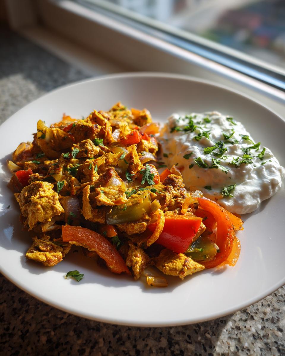 Fertige Protein-Gemüsepfanne mit Ei und bunten Paprikastreifen, serviert mit einem Klecks Quark-Dip.