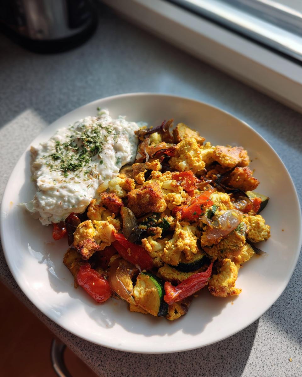 Teller mit würziger Protein-Gemüsepfanne mit Ei und einem Klecks Quark-Dip, garniert mit Kräutern.