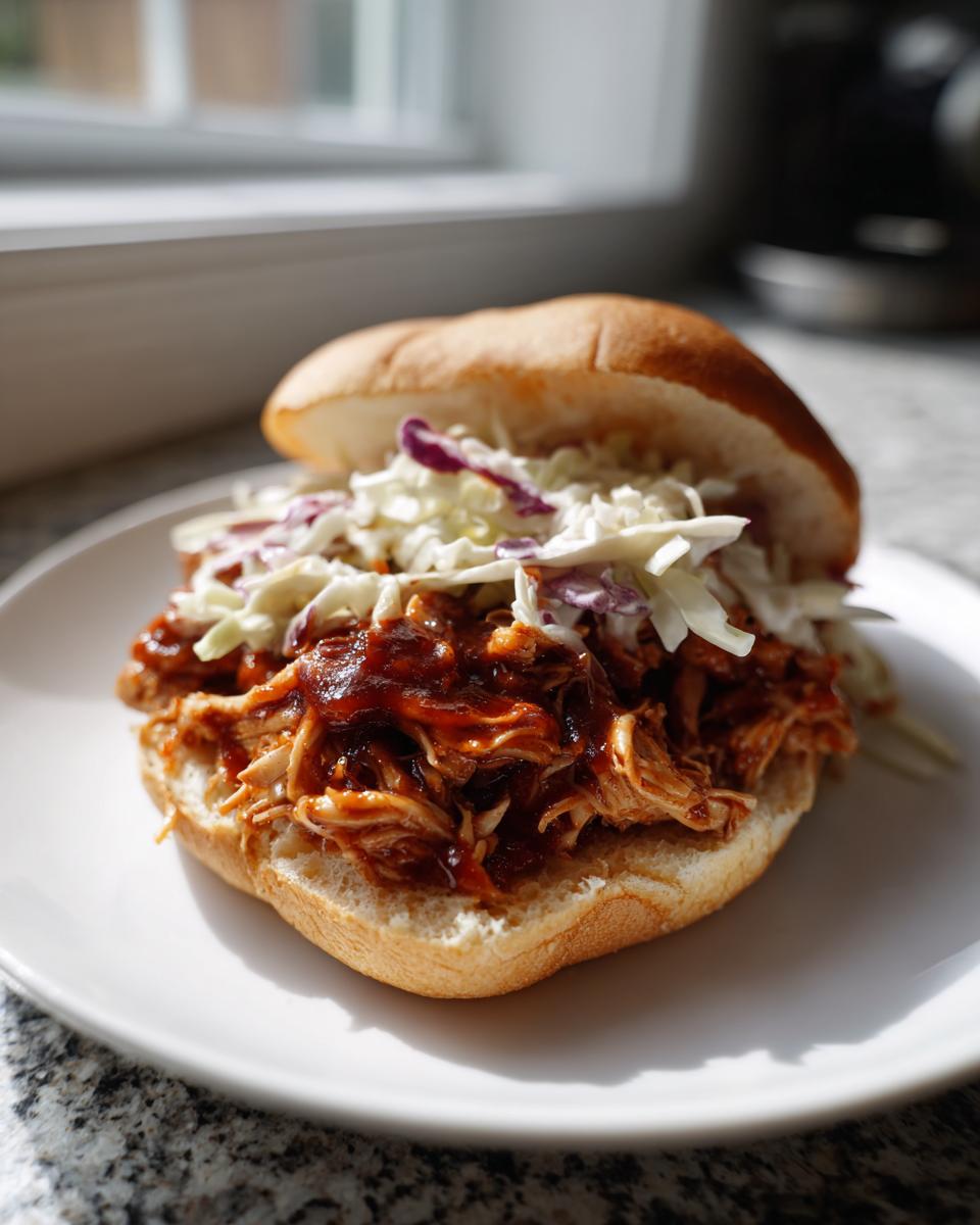Ein köstliches Pulled Chicken Sandwich mit viel BBQ-Sauce und knackigem Krautsalat auf einem weichen Brötchen.