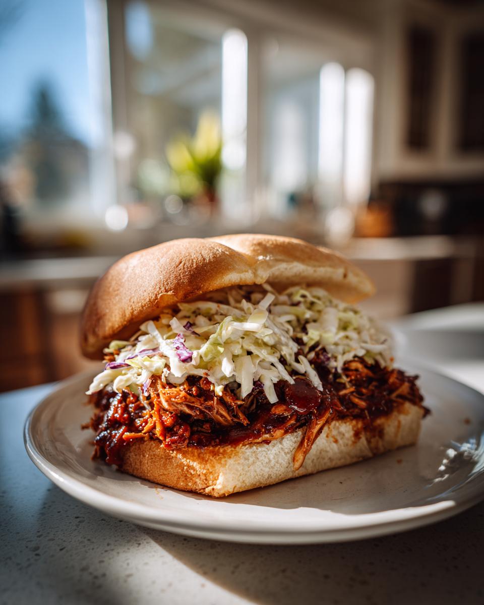Ein köstliches Pulled Chicken Sandwich mit viel BBQ-Sauce und knackigem Krautsalat auf einem Teller.